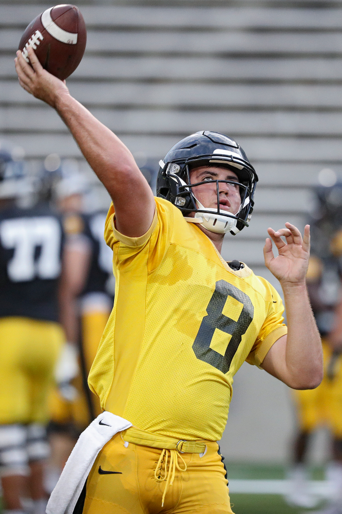 Iowa Hawkeyes quarterback Alex Padilla (8) throws a pass during Fall Camp Practice No. 12 at Kinnick Stadium in Iowa City on Thursday, Aug 15, 2019. (Stephen Mally/hawkeyesports.com)