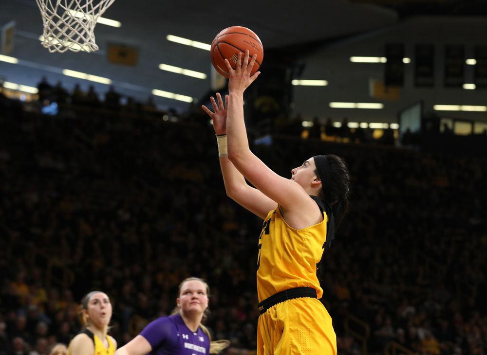Iowa Hawkeyes forward Megan Gustafson (10) against the Northwestern Wildcats Sunday, March 3, 2019 at Carver-Hawkeye Arena. (Brian Ray/hawkeyesports.com)