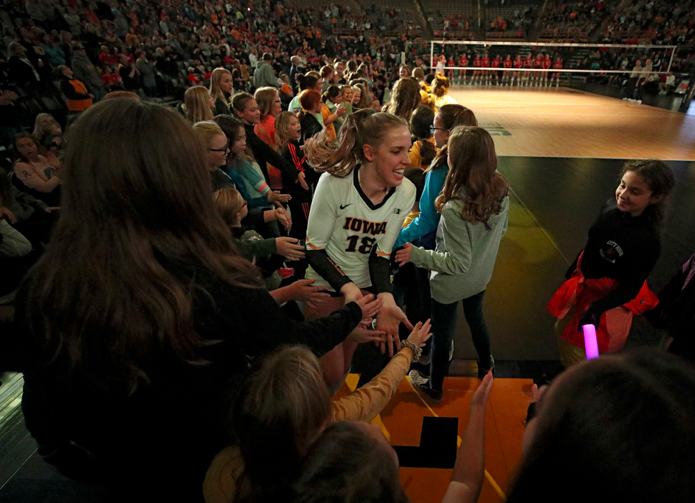 Iowa’s Hannah Clayton (18) is introduced before their match against Nebraska at Carver-Hawkeye Arena in Iowa City on Saturday, Nov 9, 2019. (Stephen Mally/hawkeyesports.com)