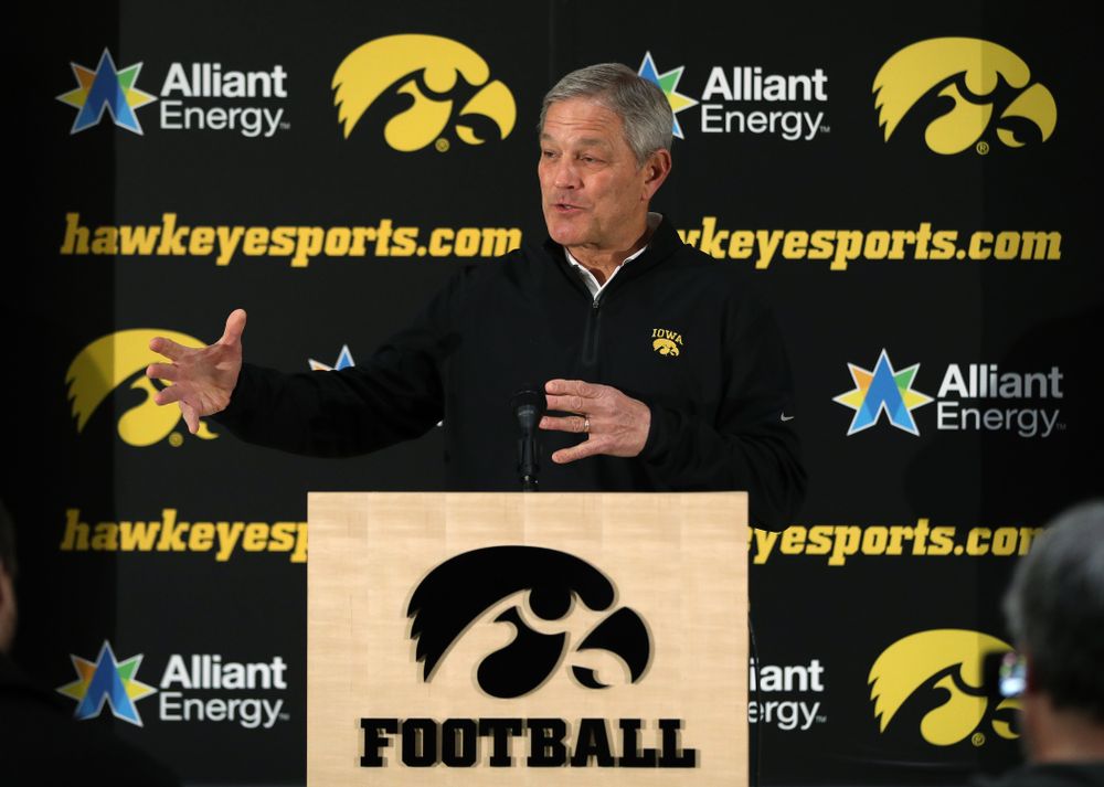 Iowa Hawkeyes head coach Kirk Ferentz addresses the media about the Hawkeyes selection to face Mississippi State in the Outback Bowl Sunday, December 2, 2018 at the Hansen Football Performance Center. (Brian Ray/hawkeyesports.com)