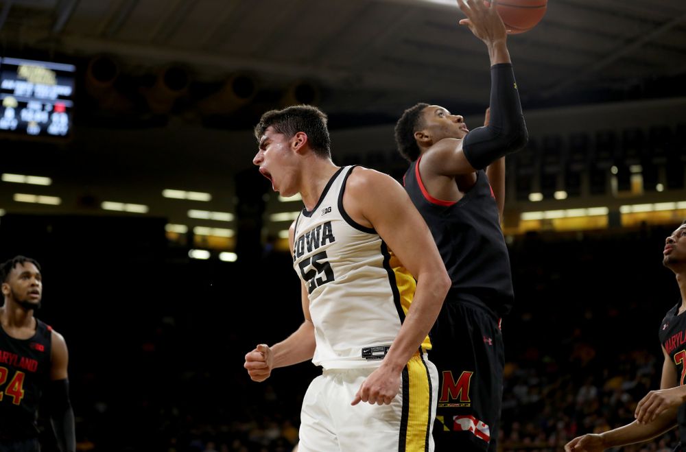 Iowa Hawkeyes forward Luka Garza (55) reacts after a basket against the Maryland Terrapins Friday, January 10, 2020 at Carver-Hawkeye Arena. (Brian Ray/hawkeyesports.com)