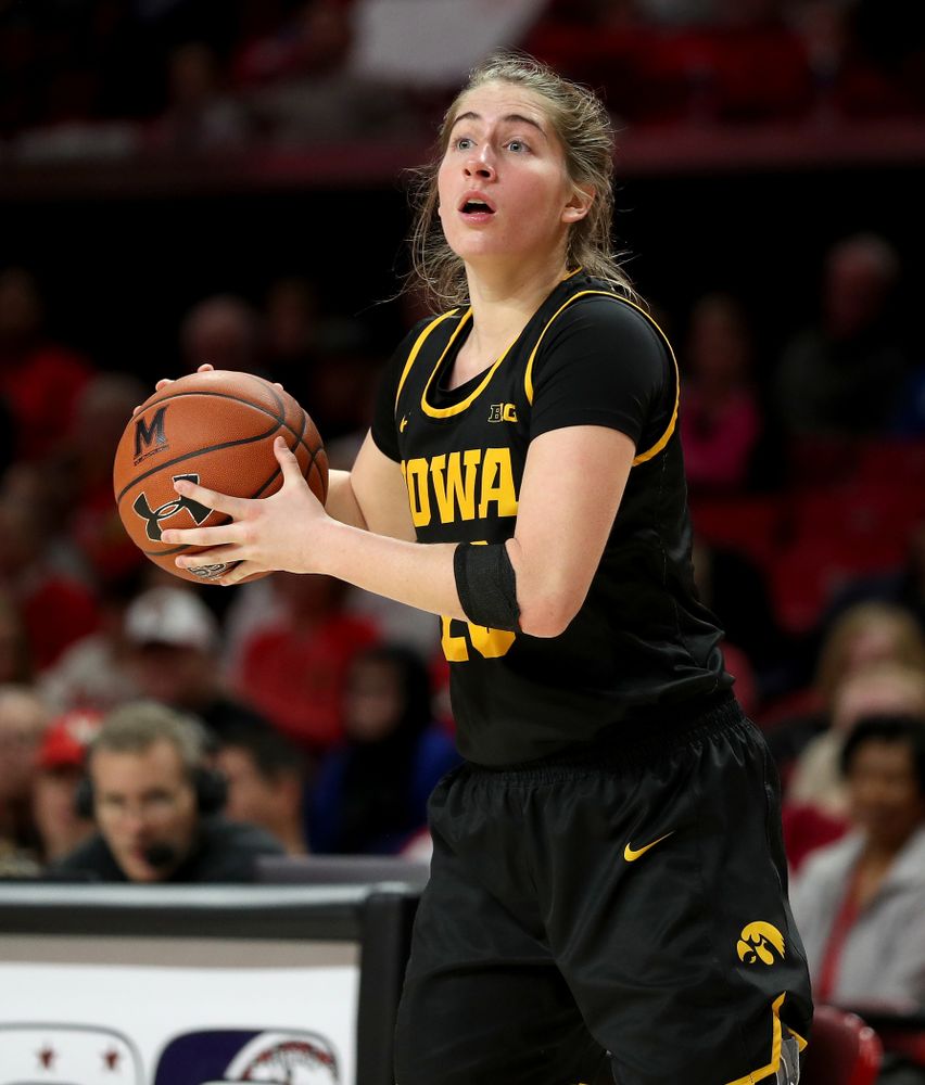 Iowa Hawkeyes guard Kate Martin (20) against the Maryland Terrapins Thursday, February 13, 2020 at the Xfinity Center in College Park, MD. (Brian Ray/hawkeyesports.com)