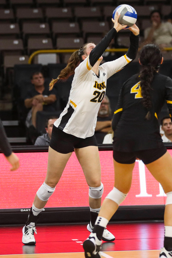 Iowa Hawkeyes outside hitter Edina Schmidt (20) against Coastal Carolina Friday, September 20, 2019 at Carver-Hawkeye Arena. (Lily Smith/hawkeyesports.com)