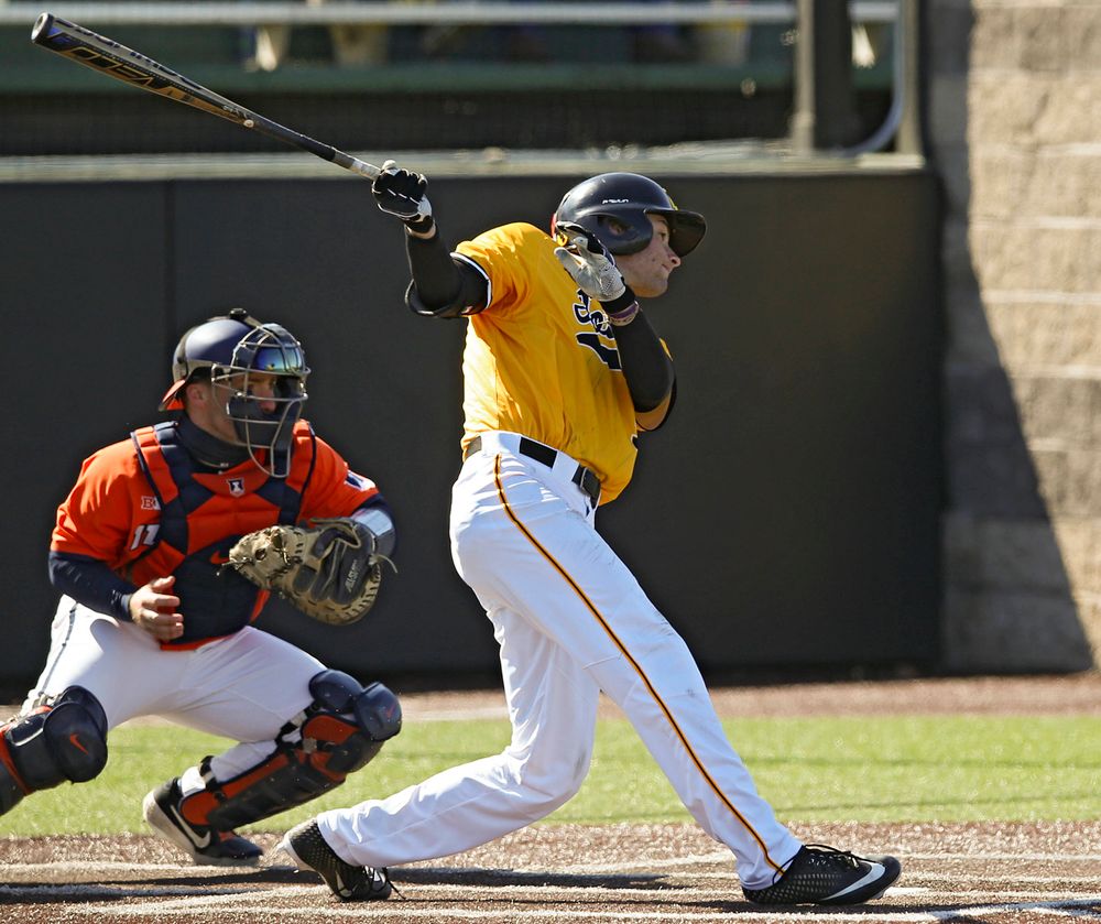 Iowa Hawkeyes outfielder Ben Norman (9) gets a hit during the seventh inning against Illinois at Duane Banks Field in Iowa City on Sunday, Mar. 31, 2019. (Stephen Mally/hawkeyesports.com)