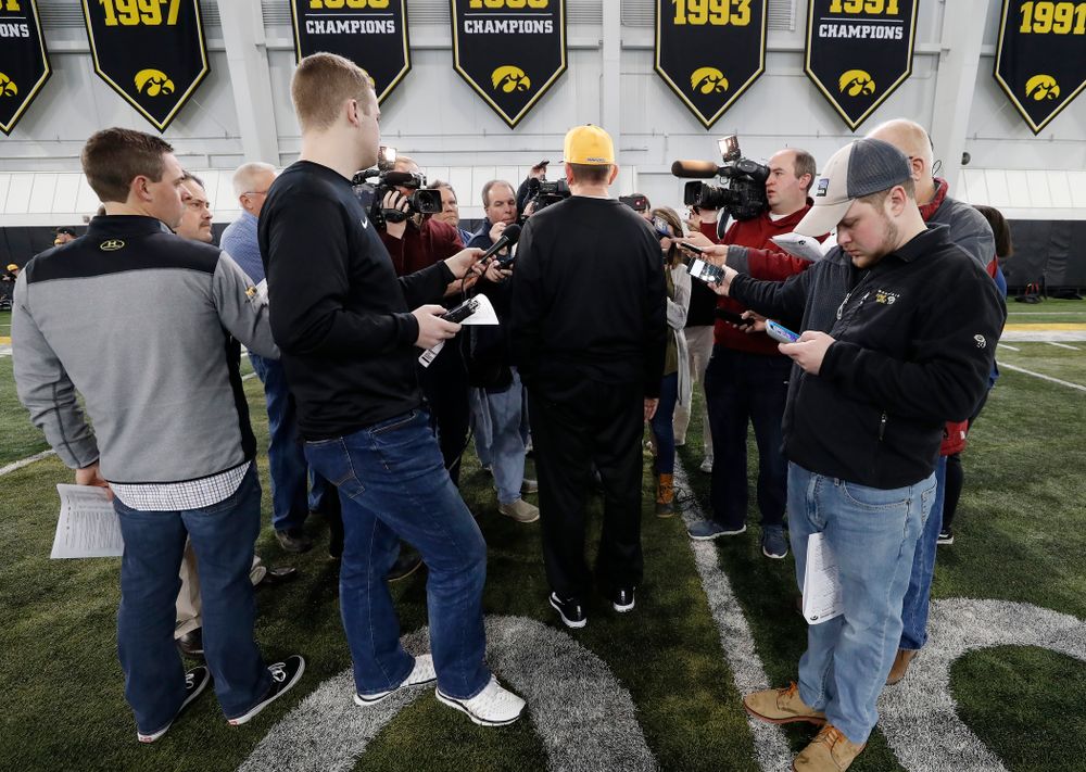 Thursday, February 8, 2018 (Brian Ray/hawkeyesports.com)Iowa Hawkeyes head coach Rick Heller answers questions from reporters during the team's annual media day Thursday, February 8, 2018 in the indoor practice facility. (Brian Ray/hawkeyesports.com)