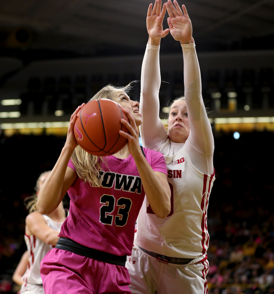 Iowa Hawkeyes Logan Cook (23) against the Wisconsin Badgers Sunday, February 16, 2020 at Carver-Hawkeye Arena. (Brian Ray/hawkeyesports.com)
