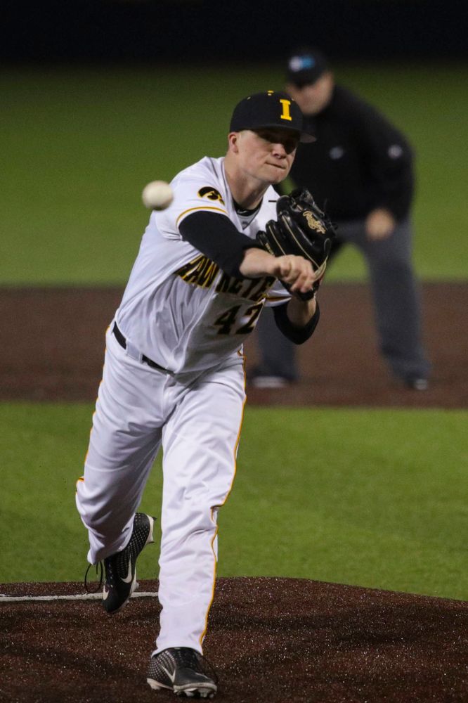 Iowa pitcher Trace Hoffman at game 1 vs Rutgers on Friday, April 5, 2019 at Duane Banks Field. (Lily Smith/hawkeyesports.com)