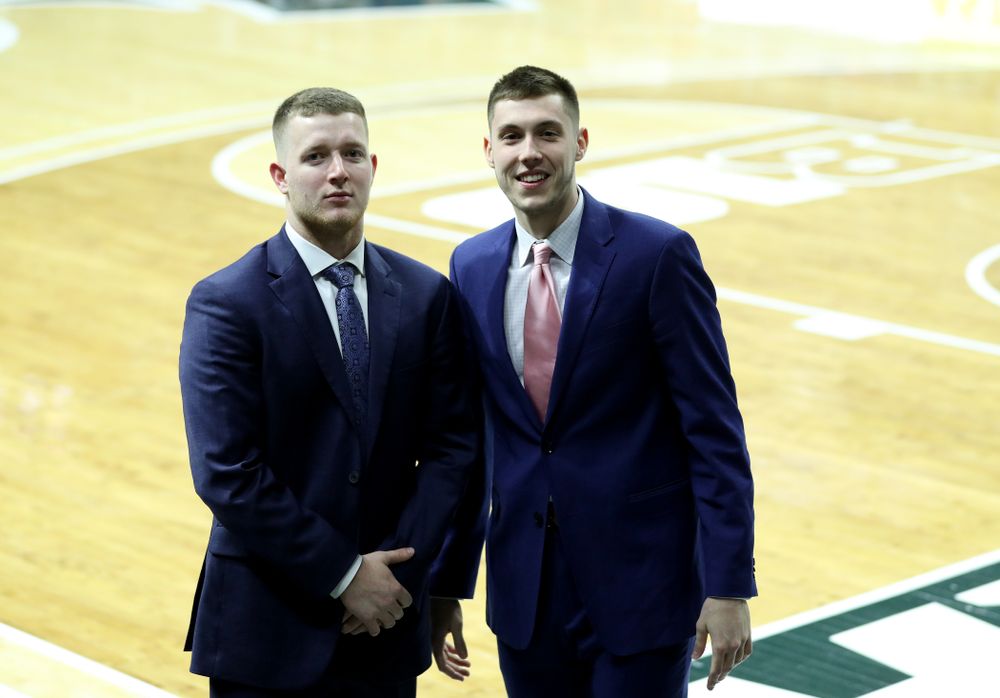 Iowa Hawkeyes guard Aidan Vanderloo (51 ) and guard CJ Fredrick (5) against Michigan State Tuesday, February 25, 2020 at the Breslin Center in East Lansing, MI. (Brian Ray/hawkeyesports.com)