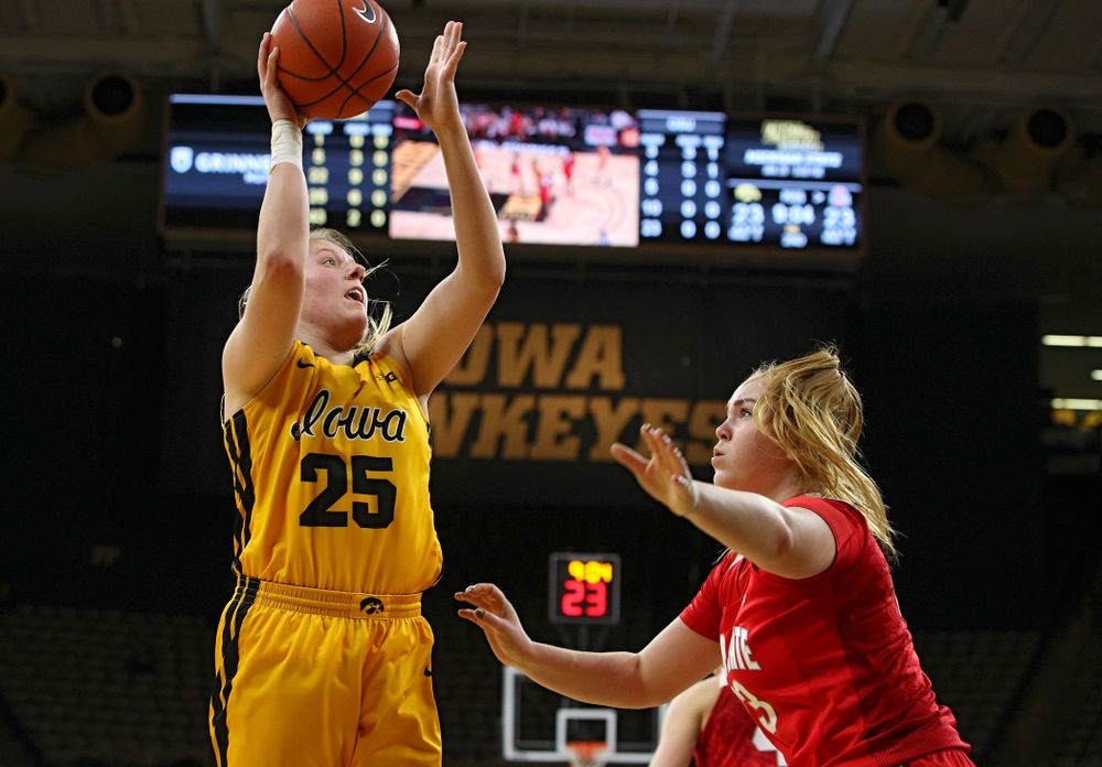 Iowa Hawkeyes forward Monika Czinano (25) puts up a shot during the second quarter of their game at Carver-Hawkeye Arena in Iowa City on Thursday, January 23, 2020. (Stephen Mally/hawkeyesports.com)