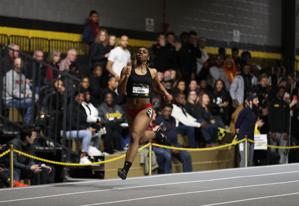 Former Hawkeye Brittany Brown runs the 300 meter premier during the 2019 Larry Wieczorek Invitational Friday, January 18, 2019 at the Hawkeye Tennis and Recreation Center. (Brian Ray/hawkeyesports.com)
