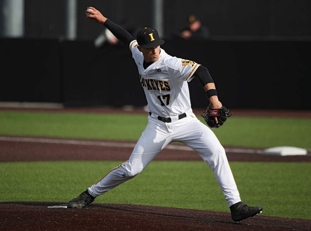 Iowa pitcher Dylan Nedved (17) delivers to the plate during the eighth inning of their college baseball game at Duane Banks Field in Iowa City on Wednesday, March 11, 2020. (Stephen Mally/hawkeyesports.com)
