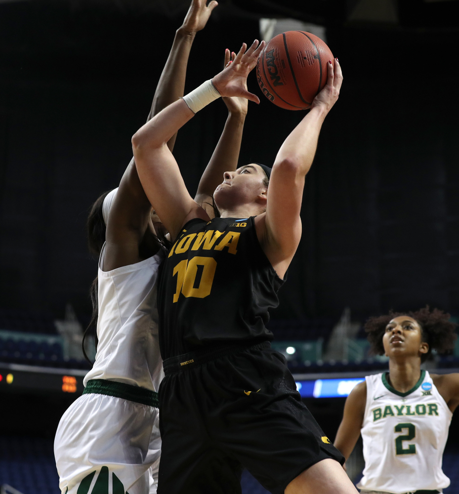 Iowa Hawkeyes forward Megan Gustafson (10) against the Baylor Lady Bears in the regional final of the 2019 NCAA Women's College Basketball Tournament Monday, April 1, 2019 at Greensboro Coliseum in Greensboro, NC.(Brian Ray/hawkeyesports.com)