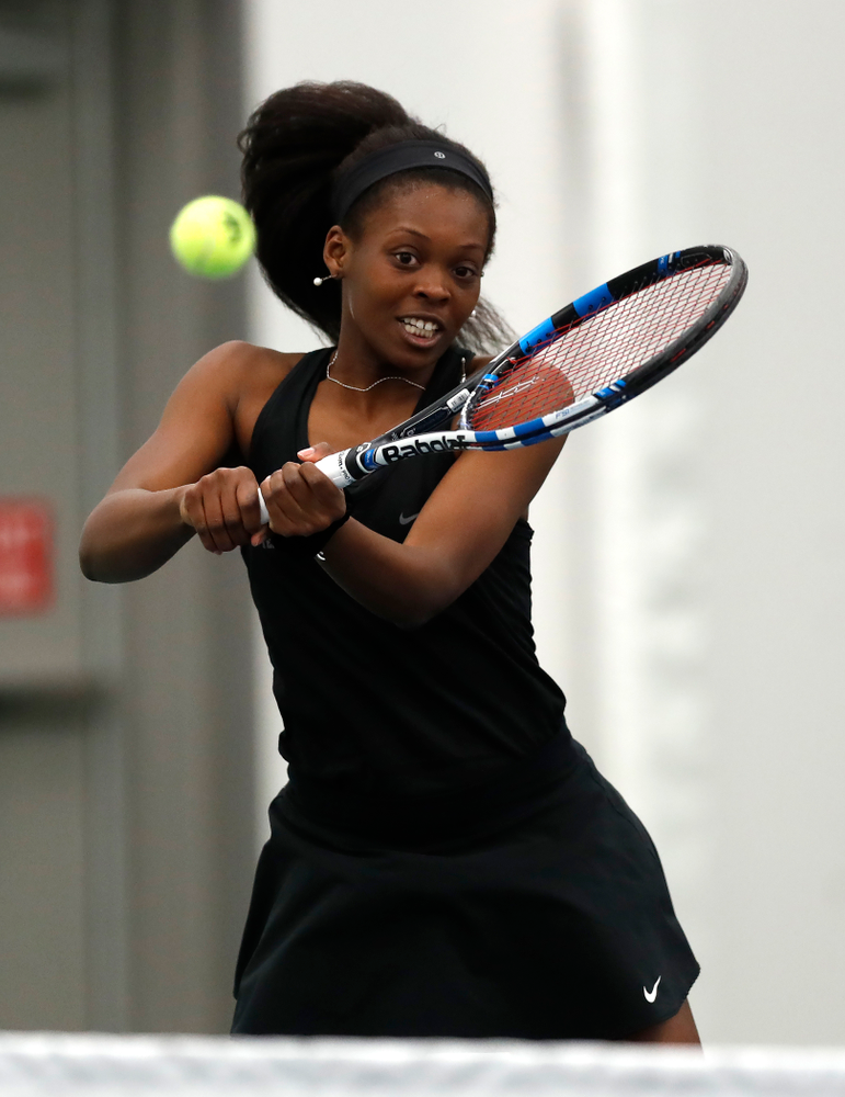 Adorable Huckleby and Zoe Douglas play a doubles match against Ohio State Sunday, March 25, 2018 at the Hawkeye Tennis and Recreation Center. (Brian Ray/hawkeyesports.com)