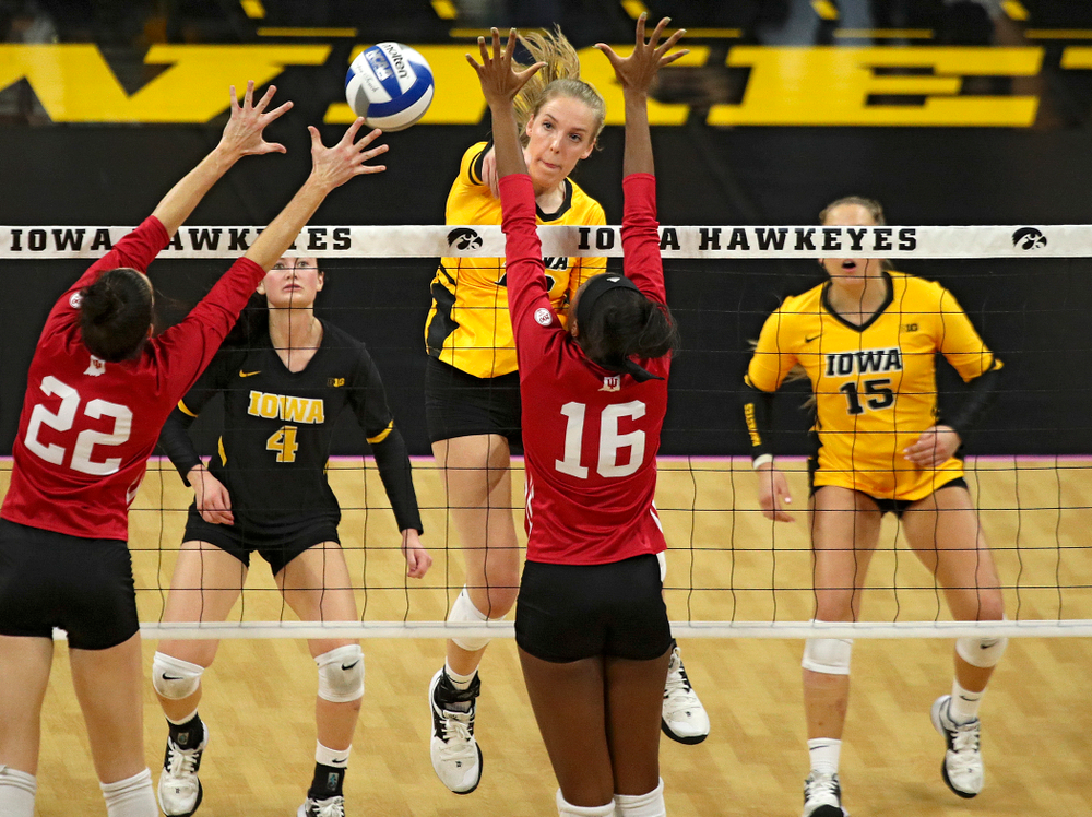 Iowa’s Hannah Clayton (18) sends the ball over during their match at Carver-Hawkeye Arena in Iowa City on Sunday, Oct 20, 2019. (Stephen Mally/hawkeyesports.com)