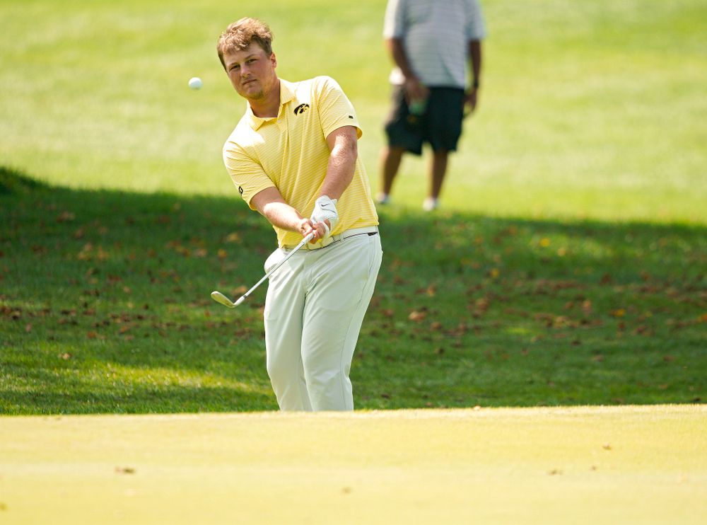 Iowa’s Alex Schaake chips onto the green during the third day of the Golfweek Conference Challenge at the Cedar Rapids Country Club in Cedar Rapids on Tuesday, Sep 17, 2019. (Stephen Mally/hawkeyesports.com)