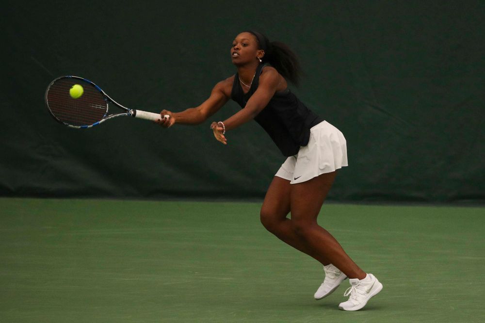 IowaÕs Adorabol Huckleby at womenÕs tennis senior day vs Nebraska on Saturday, April 13, 2019 at the Hawkeye Tennis and Recreation Complex. (Lily Smith/hawkeyesports.com)
