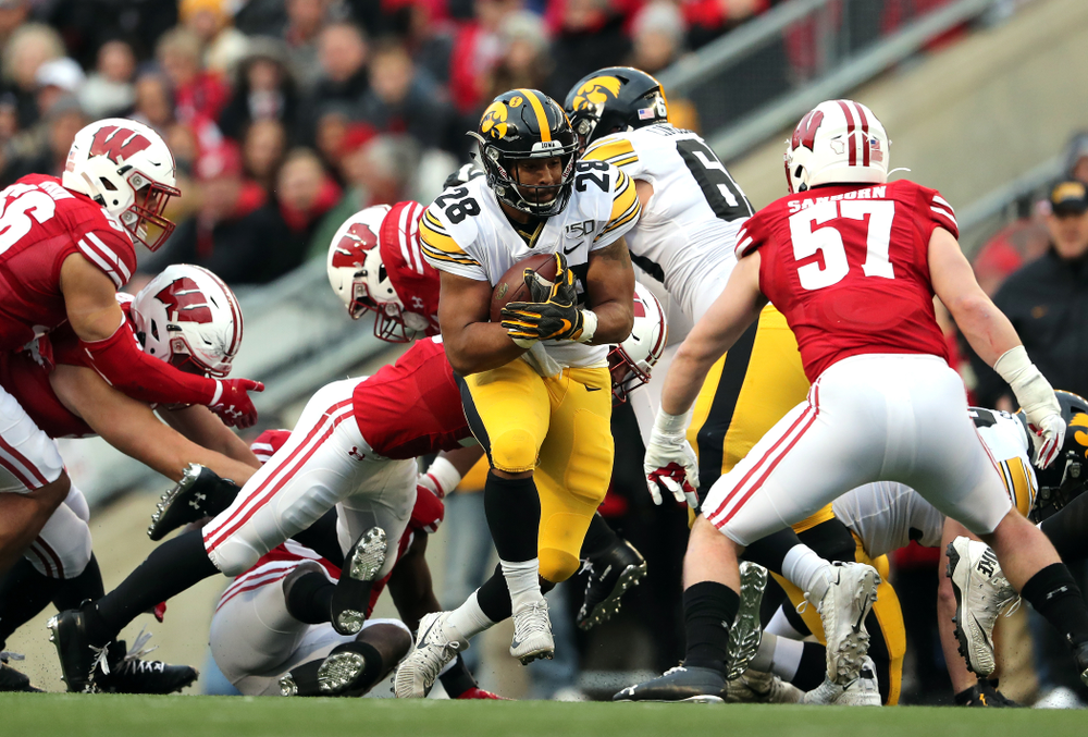 Iowa Hawkeyes running back Toren Young (28) against the Wisconsin Badgers Saturday, November 9, 2019 at Camp Randall Stadium in Madison, Wisc. (Brian Ray/hawkeyesports.com)
