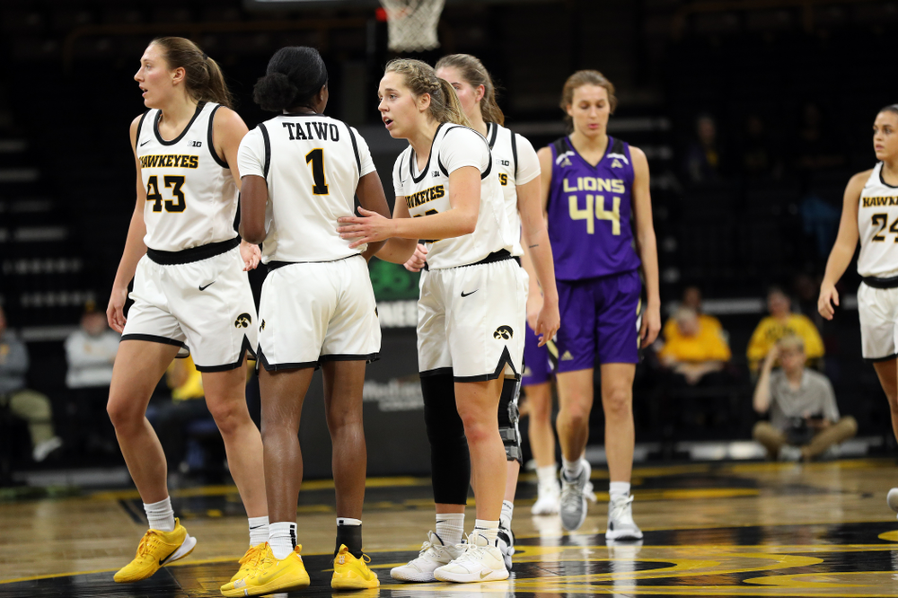 Iowa Hawkeyes guard Tomi Taiwo (1) and guard Kathleen Doyle (22) against North Alabama Thursday, November 14, 2019 at Carver-Hawkeye Arena. (Brian Ray/hawkeyesports.com)