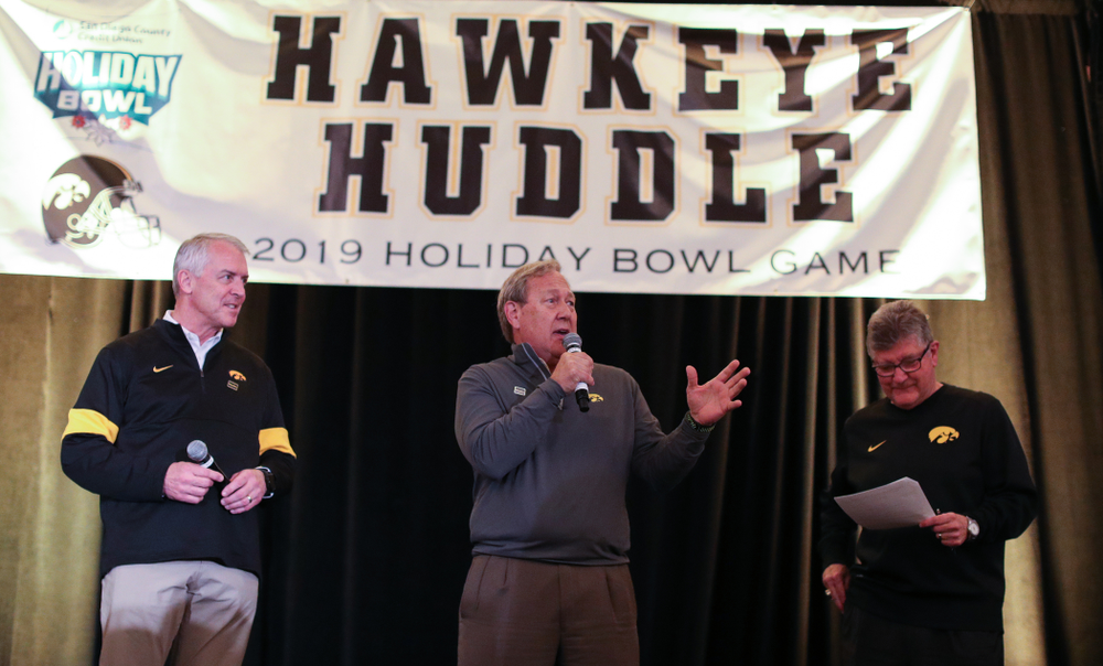 University of Iowa President Bruce Harreld addresses the crowd during the Holiday Bowl Hawkeye Huddle Thursday, December 26, 2019 at the Hilton in downtown San Diego. (Brian Ray/hawkeyesports.com)