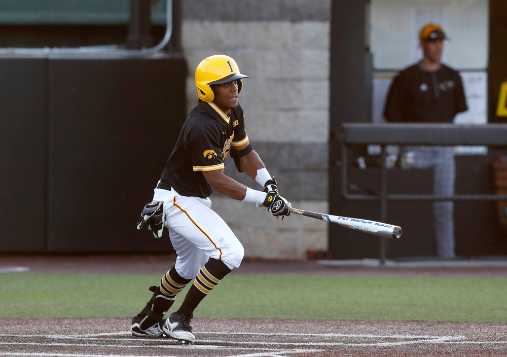 Iowa Hawkeyes third baseman Lorenzo Elion (1) against Milwaukee Wednesday, April 25, 2018 at Duane Banks Field. (Brian Ray/hawkeyesports.com)