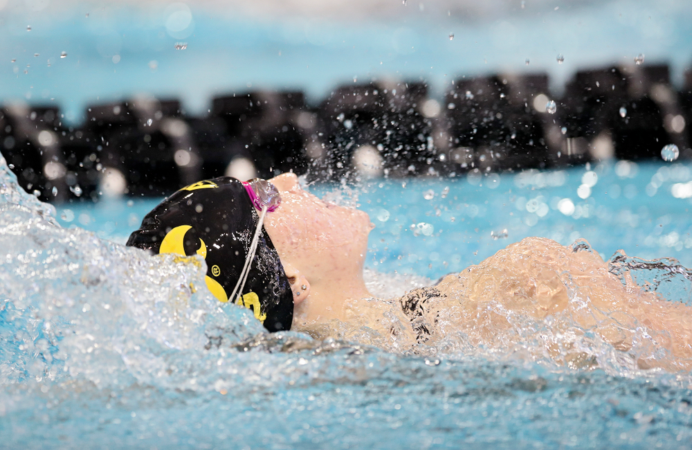 Iowa’s Erin Lang swims in the women’s 200 yard backstroke preliminary event during the 2020 Women’s Big Ten Swimming and Diving Championships at the Campus Recreation and Wellness Center in Iowa City on Saturday, February 22, 2020. (Stephen Mally/hawkeyesports.com)