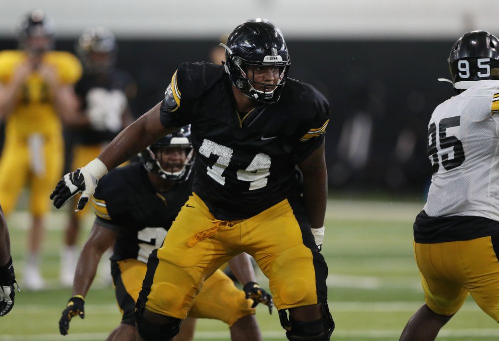 Iowa Hawkeyes offensive lineman Tristan Wirfs (74) during Fall Camp Practice No. 6 Thursday, August 8, 2019 at the Ronald D. and Margaret L. Kenyon Football Practice Facility. (Brian Ray/hawkeyesports.com)