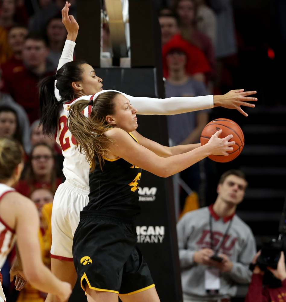Iowa Hawkeyes forward Amanda Ollinger (43) against the Iowa State Cyclones Wednesday, December 11, 2019 at Hilton Coliseum in Ames, Iowa(Brian Ray/hawkeyesports.com)