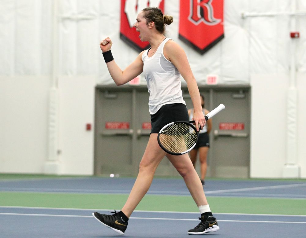Iowa’s Samantha Mannix celebrates a point during her doubles match at the Hawkeye Tennis and Recreation Complex in Iowa City on Sunday, February 23, 2020. (Stephen Mally/hawkeyesports.com)