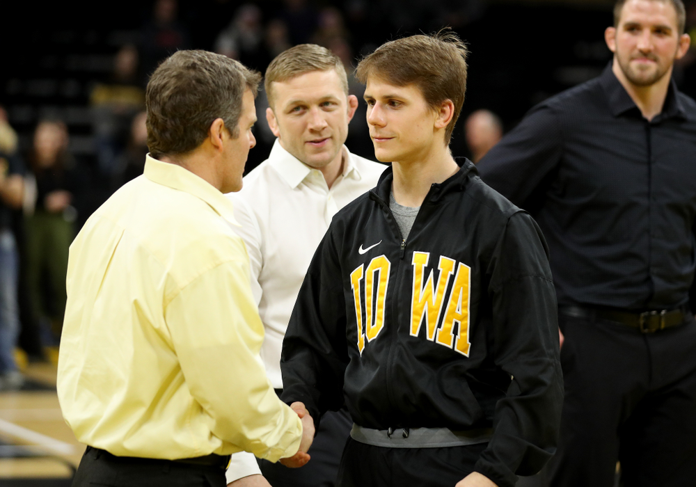 Iowa’s Aaron Meyer during senior day activities Sunday, February 23, 2020 at Carver-Hawkeye Arena. (Brian Ray/hawkeyesports.com)