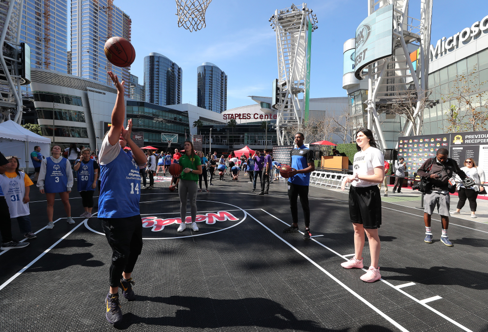 Iowa Hawkeyes forward Megan Gustafson (10) during a Special Olympics event Friday, April 12, 2019 as part of the ESPN College Basketball Awards in the XBOX Plaza at LA Live. (Brian Ray/hawkeyesports.com)