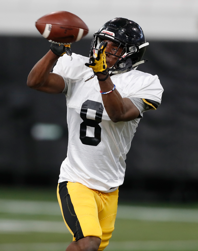 Iowa Hawkeyes defensive back Matt Hankins (8) during spring practice Wednesday, March 28, 2018 at the Hansen Football Performance Center. (Brian Ray/hawkeyesports.com)