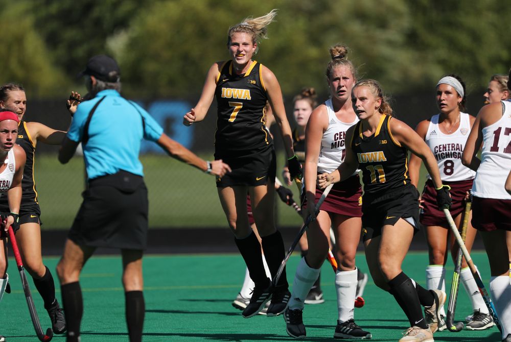 Iowa Hawkeyes Ellie Holley (7) celebrates a gaol against Central Michigan Friday, September 6, 2019 at Grant Field. The Hawkeyes won the game 11-0. (Brian Ray/hawkeyesports.com)