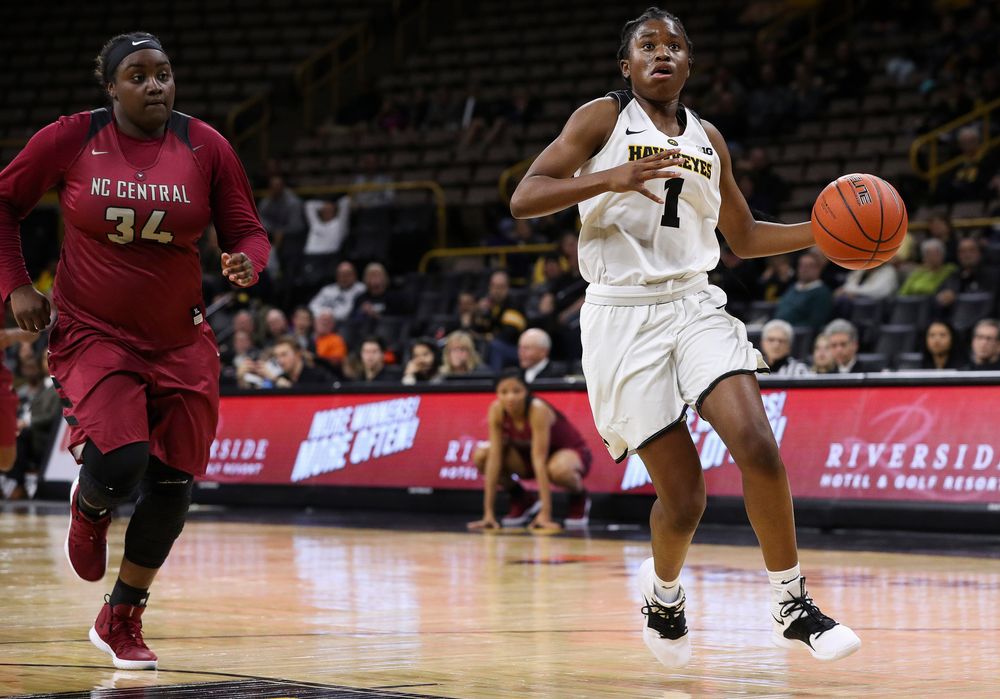 Iowa Hawkeyes guard Tomi Taiwo (1) drives into the lane during a game against North Carolina Central at Carver-Hawkeye Arena on November 17, 2018. (Tork Mason/hawkeyesports.com)