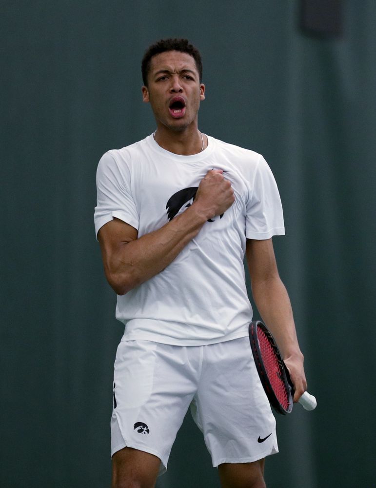 Iowa’s Oliver Okonkwo against Cornell Sunday, March 8, 2020 at the Hawkeye Tennis and Recreation Center. (Brian Ray/hawkeyesports.com)