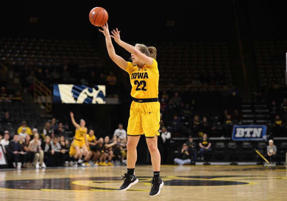 Iowa Hawkeyes guard Kathleen Doyle (22) against the Michigan State Spartans Thursday, February 7, 2019 at Carver-Hawkeye Arena. (Brian Ray/hawkeyesports.com)