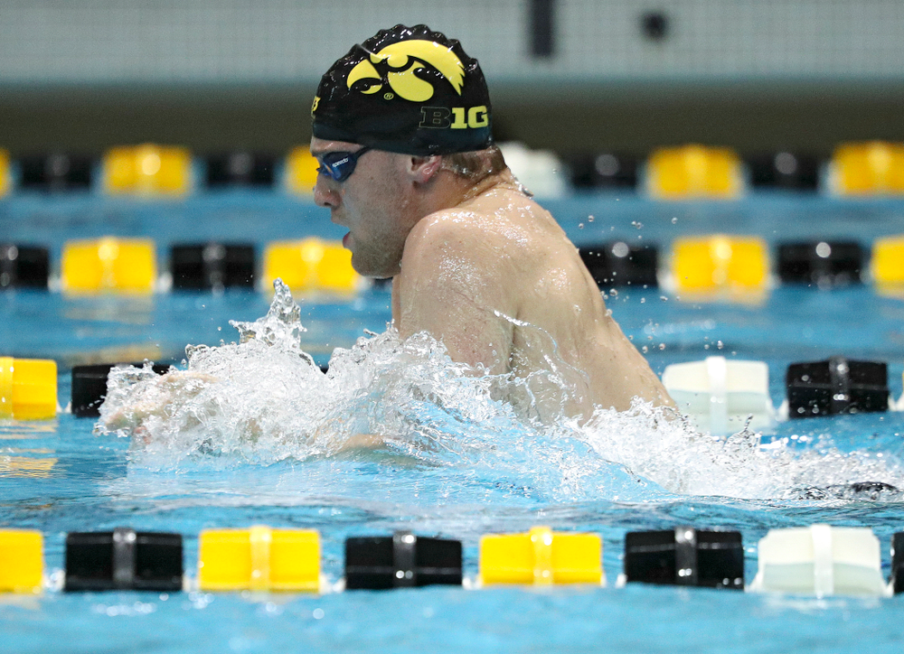 Iowa’s Caleb Babb swims the breaststroke section of the 100-yard individual medley event during their meet against Michigan State at the Campus Recreation and Wellness Center in Iowa City on Thursday, Oct 3, 2019. (Stephen Mally/hawkeyesports.com)