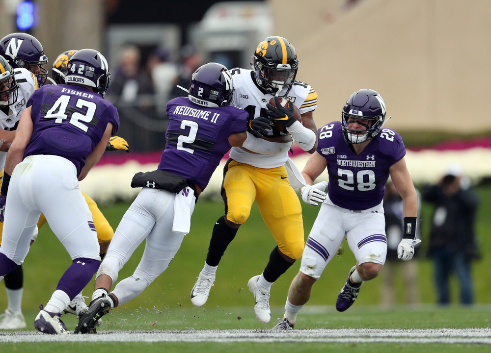 Iowa Hawkeyes running back Tyler Goodson (15) against the Northwestern Wildcats Saturday, October 26, 2019 at Ryan Field in Evanston, Ill. (Brian Ray/hawkeyesports.com)
