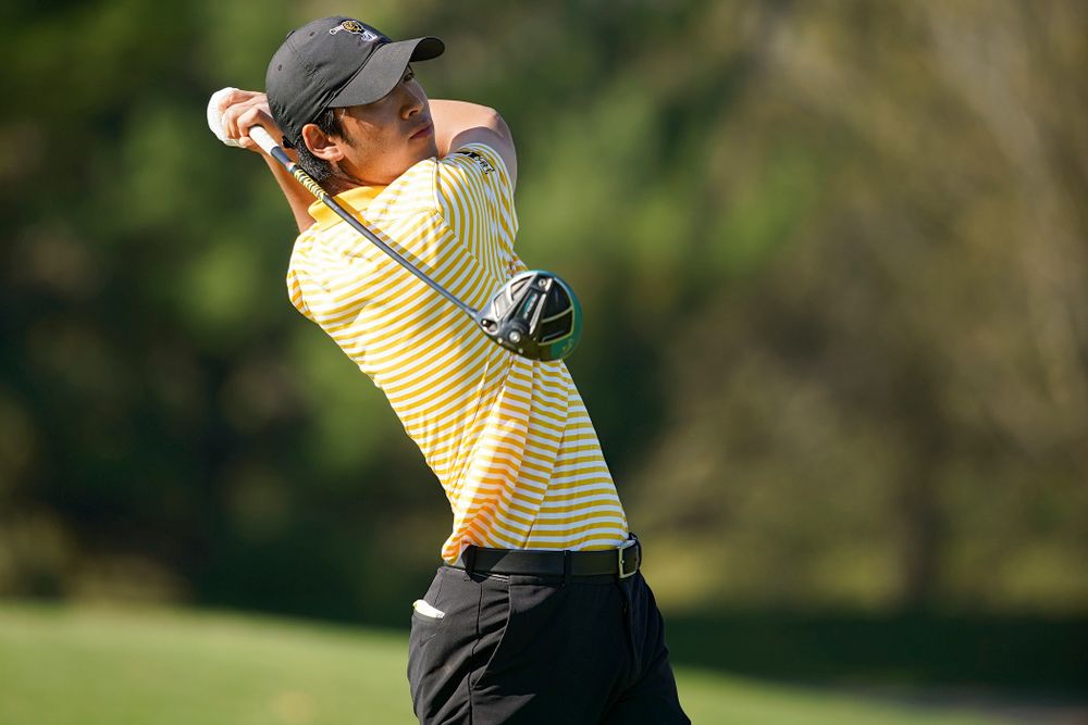 Iowa's Joe Kim tees off during the third round of the Hawkeye Invitational at Finkbine Golf Course in Iowa City on Sunday, Apr. 21, 2019. (Stephen Mally/hawkeyesports.com)