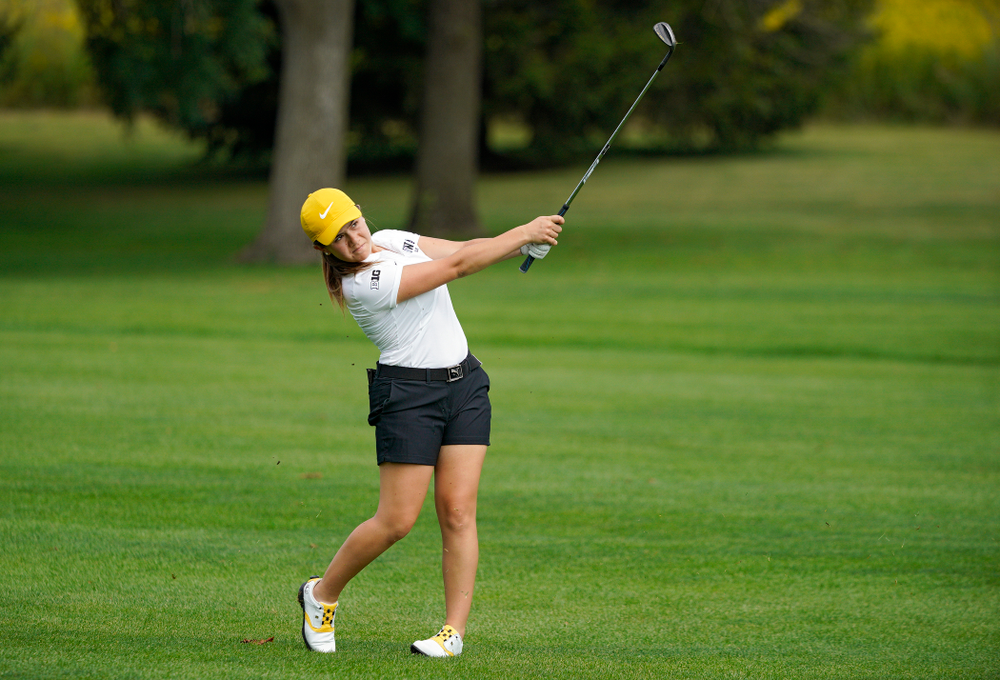 Iowa’s Manuela Lizarazu hits from the fairway during their dual against Northern Iowa at Pheasant Ridge Golf Course in Cedar Falls on Monday, Sep 2, 2019. (Stephen Mally/hawkeyesports.com)