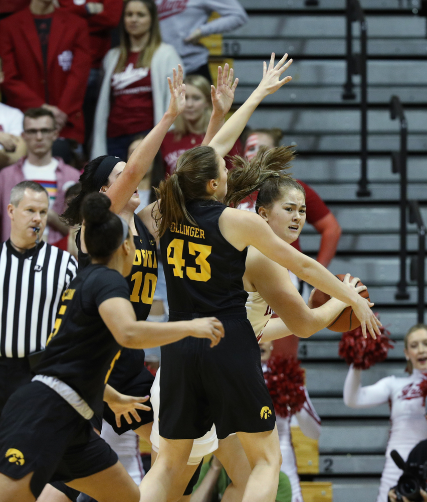 Iowa Hawkeyes forward Amanda Ollinger (43) against the Indiana Hoosiers Thursday, February 21, 2019 at Simon Skjodt Assembly Hall. (Brian Ray/hawkeyesports.com)