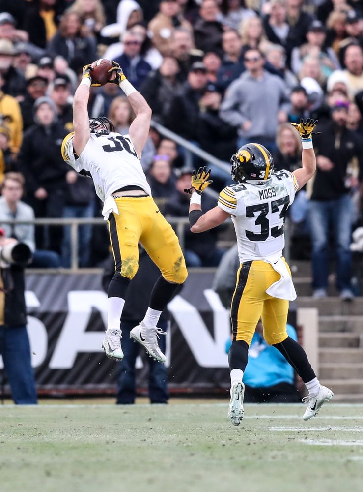 Iowa Hawkeyes defensive back Jake Gervase (30) intercepts a pass against the Purdue Boilermakers Saturday, November 3, 2018 Ross Ade Stadium in West Lafayette, Ind. (Max Allen/hawkeyesports.com)
