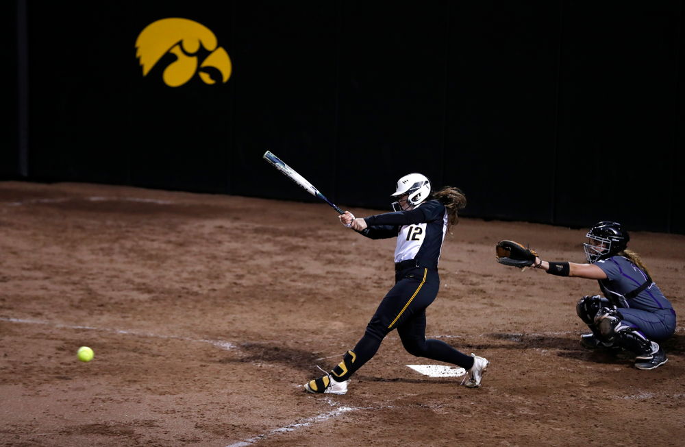 Iowa Hawkeyes catcher Angela Schmiederer (12) against Western Illinois Tuesday, April 17, 2018 at Bob Pearl Field. (Brian Ray/hawkeyesports.com)