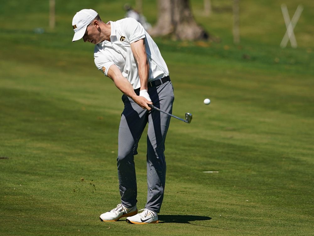 Iowa's Aaron DeNucci hits from the fairway during the second round of the Hawkeye Invitational at Finkbine Golf Course in Iowa City on Saturday, Apr. 20, 2019. (Stephen Mally/hawkeyesports.com)