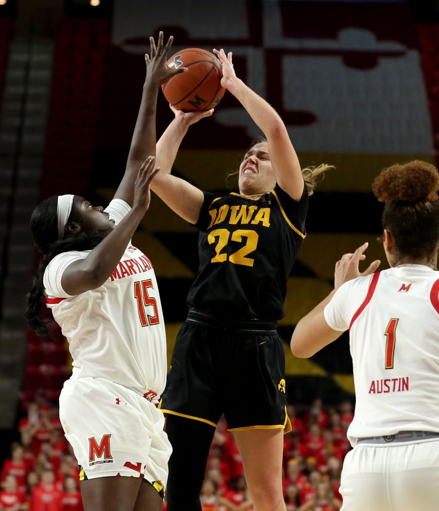 Iowa Hawkeyes guard Kathleen Doyle (22) against the Maryland Terrapins Thursday, February 13, 2020 at the Xfinity Center in College Park, MD. (Brian Ray/hawkeyesports.com)