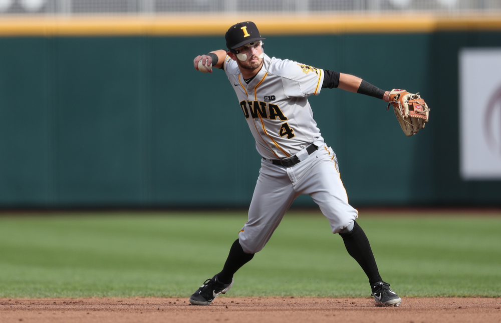 Iowa Hawkeyes infielder Mitchell Boe (4) against the Indiana Hoosiers in the first round of the Big Ten Baseball Tournament Wednesday, May 22, 2019 at TD Ameritrade Park in Omaha, Neb. (Brian Ray/hawkeyesports.com)