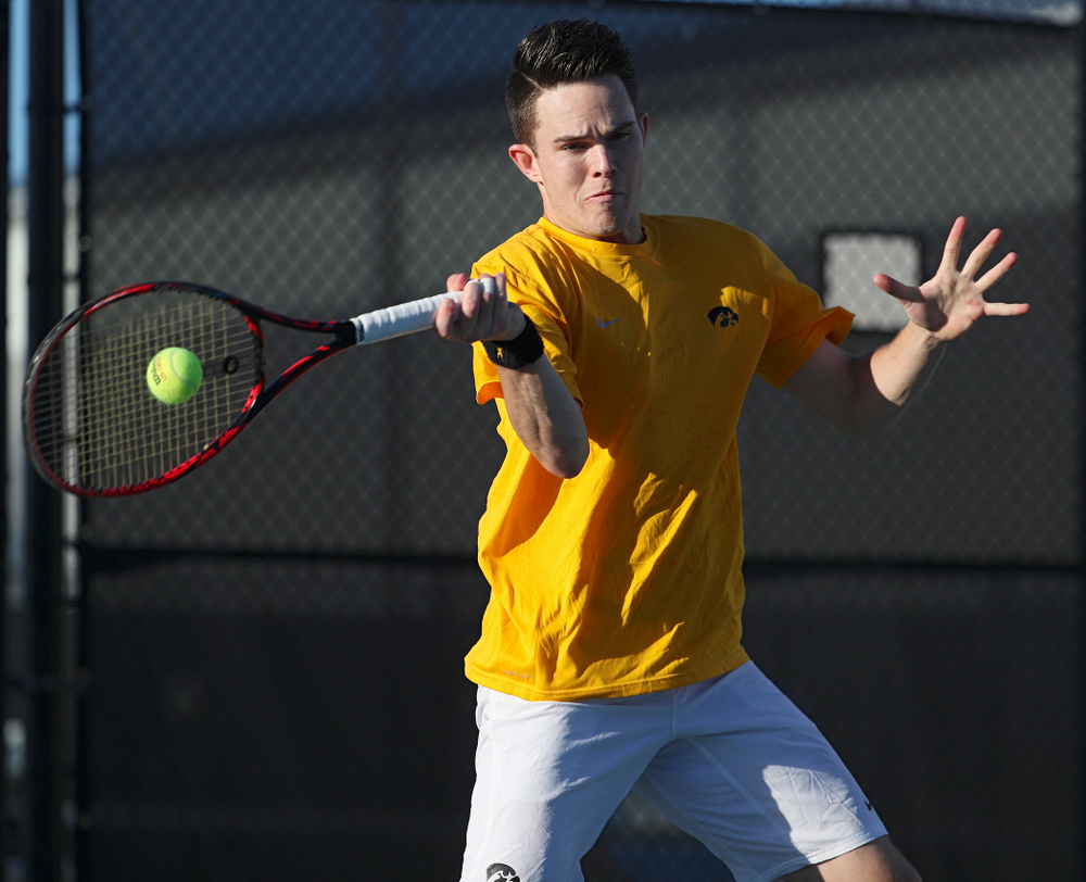 Iowa's Jonas Larsen during their doubles match again Michigan State at the Hawkeye Tennis and Recreation Complex in Iowa City on Friday, Apr. 19, 2019. (Stephen Mally/hawkeyesports.com)