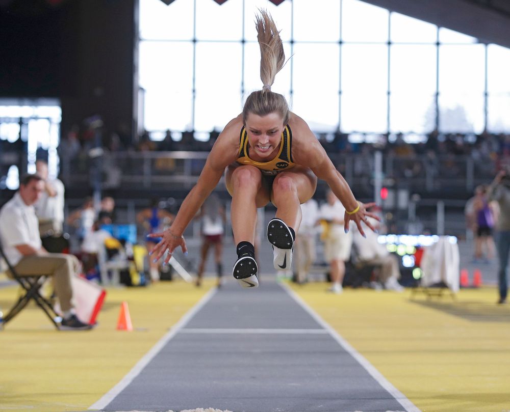 Iowa’s Hannah Schilb competes in the women’s triple jump event at the Black and Gold Invite at the Recreation Building in Iowa City on Saturday, February 1, 2020. (Stephen Mally/hawkeyesports.com)