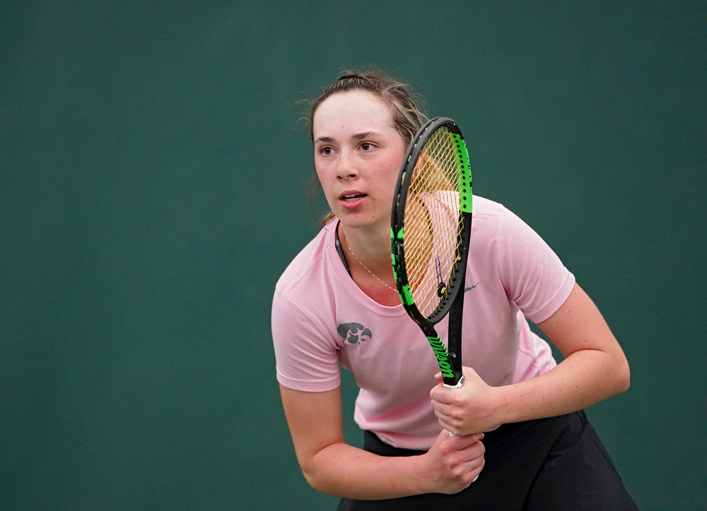 Iowa's Samantha Mannix waits for a serve during a match against Purdue at the Hawkeye Tennis and Recreation Complex in Iowa City on Friday, Mar. 29, 2019. (Stephen Mally/hawkeyesports.com)