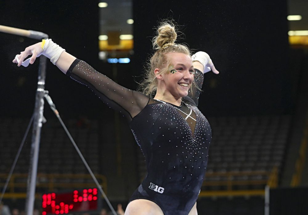 Iowa’s Ellie Rogers competes on the bars during their meet at Carver-Hawkeye Arena in Iowa City on Sunday, March 8, 2020. (Stephen Mally/hawkeyesports.com)