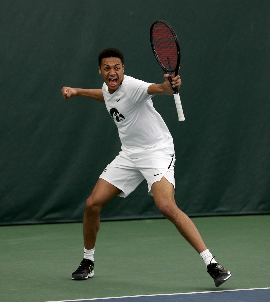 Iowa’s Will Davies and Oliver Okonkwo play a doubles match against Cornell Sunday, March 8, 2020 at the Hawkeye Tennis and Recreation Center. (Brian Ray/hawkeyesports.com)